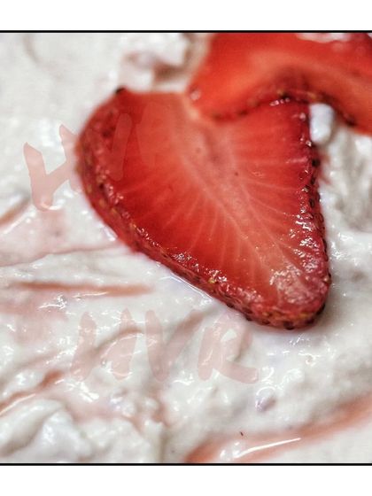 A close up of the creamy texture and fresh strawberry slices in my shrikhand. I never use any artificial colors or preservatives, letting the natural flavor of the fruit shine through.