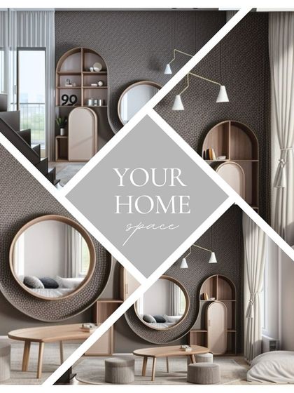 A creative collage that captures the essence of our design style, featuring curved shelving, round mirrors, and soft, neutral-toned furniture to create a harmonious and aesthetically pleasing home space.