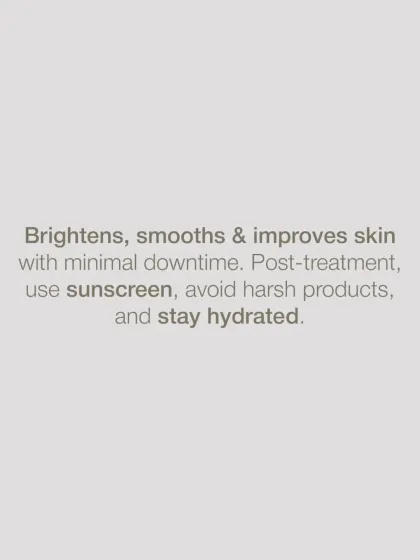 This text highlights the results and post-care for a MiraPeel. The treatment brightens and smooths the skin with minimal downtime. I always advise patients to use sunscreen, avoid harsh products, and stay hydrated post-treatment.