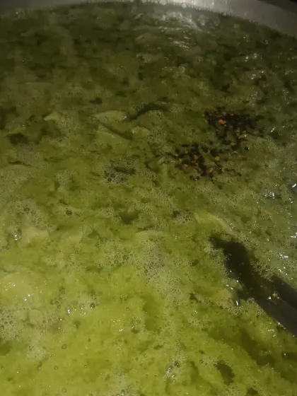 The herbal juice is being prepared for our hair care oil. You can see the rich green color from all the fresh leaves like Kayyunni and Keezharnelli. This is the base that gets slow-cooked with coconut oil.