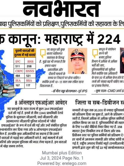 A Navbharat newspaper clipping covering the rollout of the new criminal laws in Maharashtra. My quote is featured, where I discuss the implications of the new BNS and other codes, and the challenges the police and public will face in adapting to them.