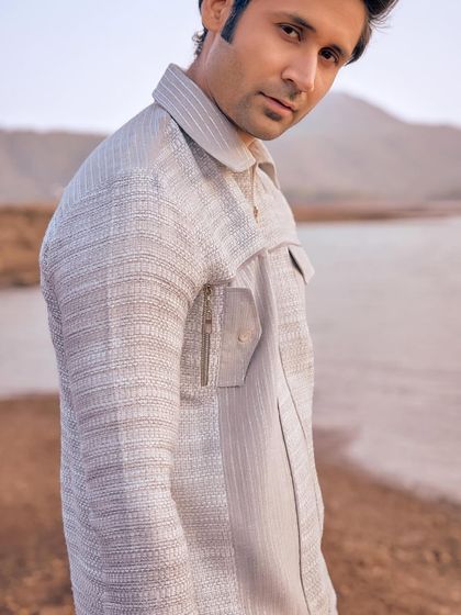 A closer look at the grey textured co-ord set from the Sukoon collection. The zippered pocket and unique fabric showcase the modern charm and edgy details of my designs.