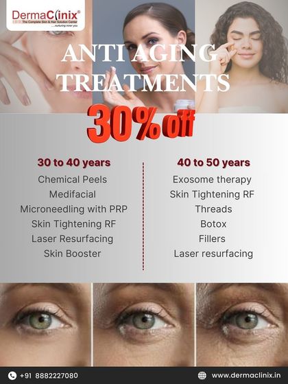 This graphic lists our anti-aging treatments tailored for different age groups, from chemical peels and microneedling for those aged 30-40 to threads and fillers for those 40-50.