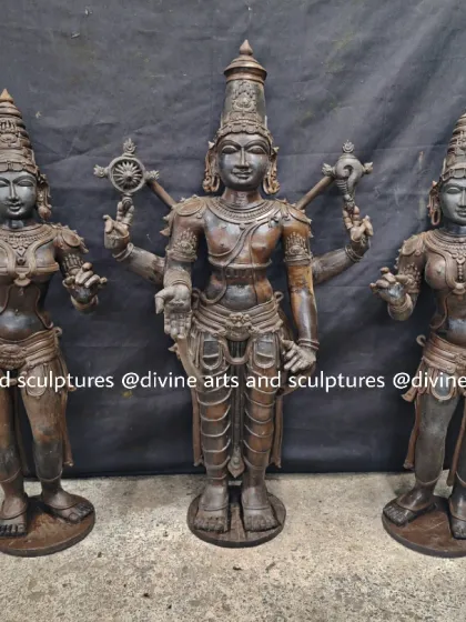 The complete wax set of Sri Vishnu with Sridevi and Bhoodevi. This image shows the full composition and scale of the idols before they are cast in Panchaloha or bronze.