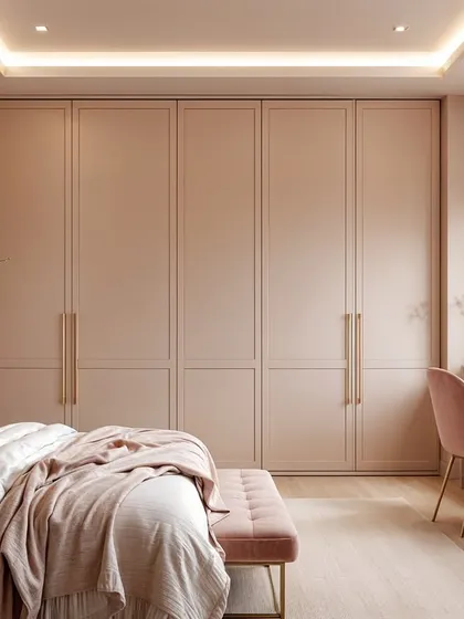 This bedroom and vanity area uses a soft pink palette and clean lines to create a space that feels like a personal love letter to self-care.