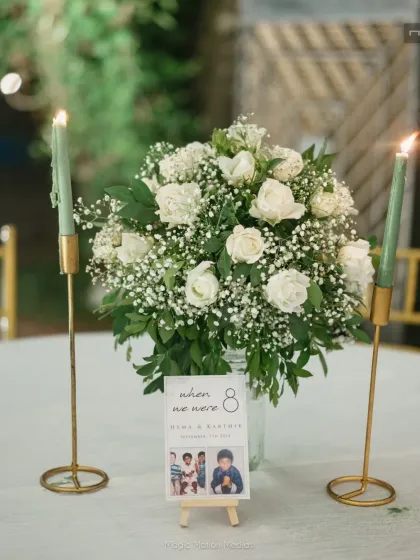 The most beautiful stories are in the details. We love weaving personal touches into our designs, like naming each dinner table after a milestone in the couple's life, complete with their childhood photos. It turns a simple meal into a journey through their memories.