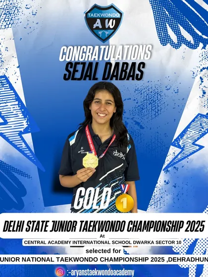 Sejal Dabas with her Gold Medal from the Delhi State Junior Taekwondo Championship 2025.