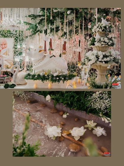 More details from the magical Satsang, including a floral fountain and a waterway filled with floating blossoms, creating a tranquil and beautiful environment.