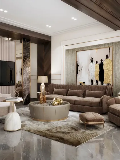 A cozy yet sophisticated living room in shades of brown and beige. This render focuses on the comfortable arrangement of furniture and the interplay of different textures and finishes.