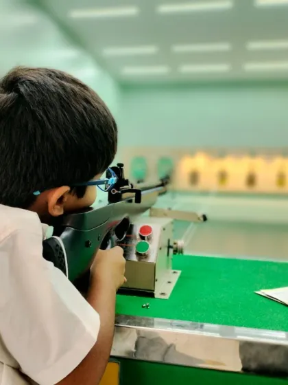 A young shooter at our Greenwood Bannerghatta facility takes aim. We provide a safe and structured environment where children can learn the art of precision and develop a passion for this Olympic sport.