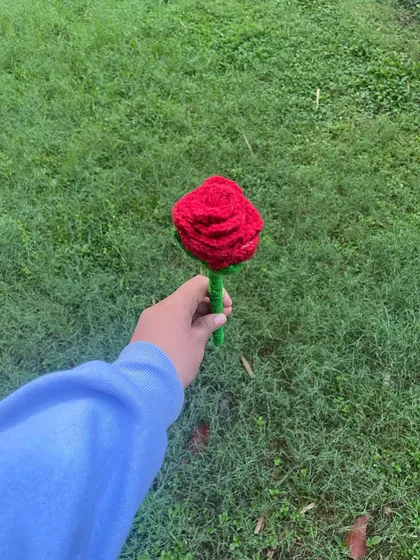 Holding my single crochet rose. It has a long green stem and makes a great piece of decor for a small vase.