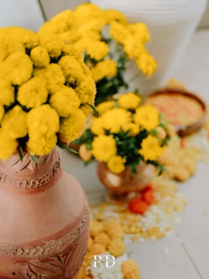 A close-up of the Haldi ceremony essentials, with bright yellow marigolds in terracotta pots and bowls of turmeric paste, all beautifully arranged.
