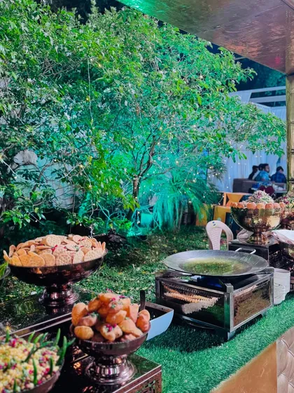A vibrant and tempting spread at my live chaat counter. This station features a variety of classic Indian street food, from pani puri to bhel, prepared fresh for your guests.