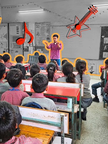 An instructor leads a class, with graphics of musical instruments and notes illustrating the creative energy in the room. Every session is designed to be visually and aurally stimulating.