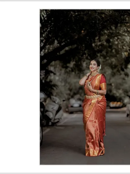 A classic three-quarter portrait of the bride on the street. Her happy, relaxed pose makes for a beautiful and natural shot.