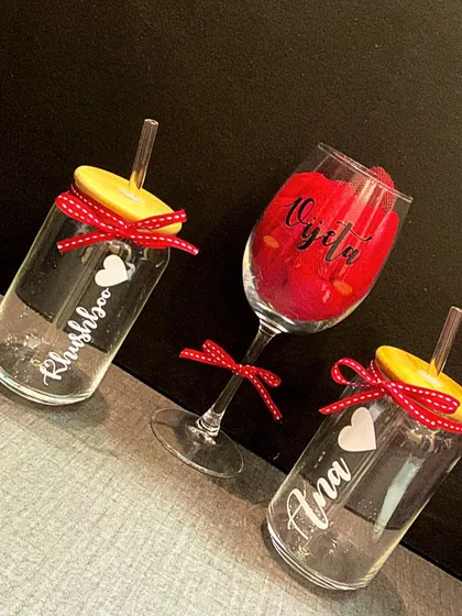 A gift set including our personalised can glass tumblers and a matching wine glass. Perfect for a couple's gift or a special occasion.