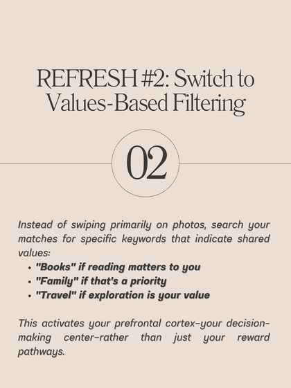 **Feeling dating app burnout? Here are three ways to refresh your approach.** Dating apps are designed to keep you swiping, creating a dopamine response similar to gambling. To reclaim your agency, implement the 2-2-2 rule to move from texting to meeting, switch to values-based filtering, and create a rejection resilience practice.