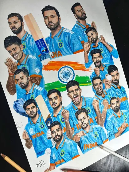 My tribute to the Indian Cricket Team from the 2023 World Cup. This complex piece, made with colored pencils and markers, combines multiple portraits into a single, vibrant collage.