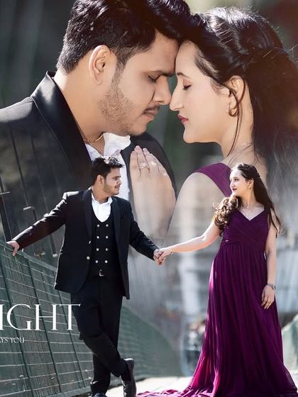 A creative composite image blending a close-up portrait with a full shot of the couple on a bridge, creating a movie-poster effect.