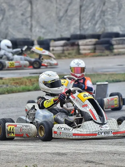 Close on-track action from the Meco Meritus Cup, with drivers in CIK-FIA approved OK-Junior karts.