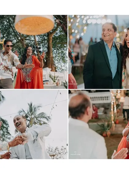 A collage capturing the bride's joyful interactions with her parents. These candid shots are full of laughter and love, highlighting the beautiful family bonds that are so central to a wedding.