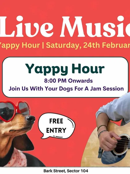 Yappy Hour jam session! A fun poster for our Saturday live music night, inviting everyone to groove with their dogs.