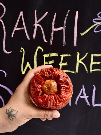 A close-up of the stunning Chocolate-Hazelnut Bloom Croissant, a special treat we created for Rakhi weekend.