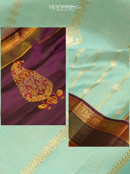 A collage showing the details of the purple and light blue sarees from our Gowri Ganesh collection.