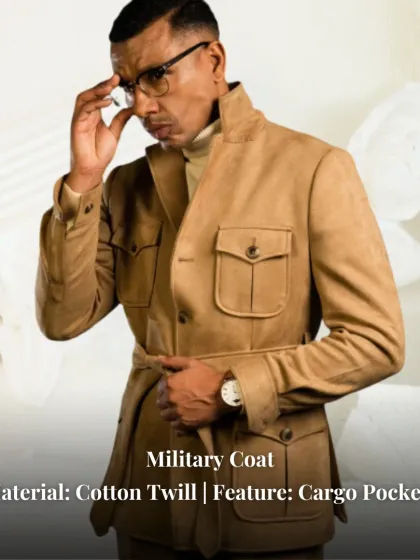 A closer look at the military-style coat, highlighting its durable cotton twill fabric and functional cargo pockets. It is a perfect blend of rugged utility and refined design.