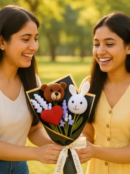 Cuteness overload! This playful bouquet combines a crochet teddy bear, a bunny, and a heart with lavender stems for a truly unique and adorable gift.