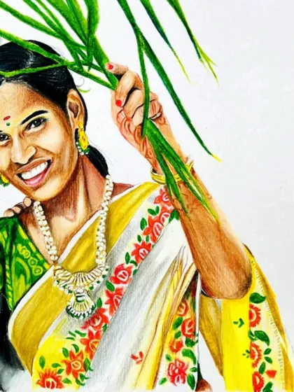 A close-up of the woman's portrait from the couple sketch. I focused on the intricate details of her jewelry and the floral pattern on her saree.
