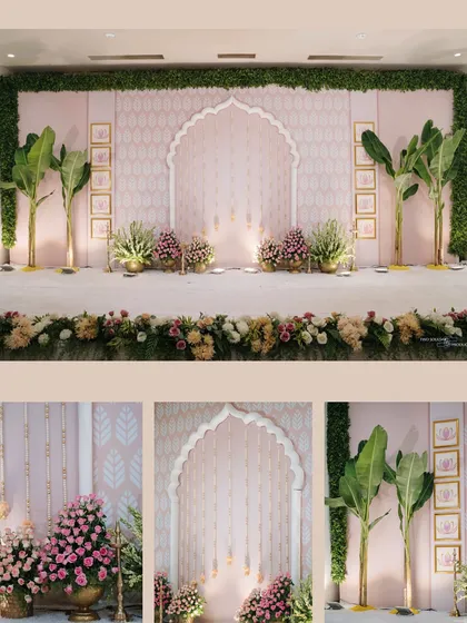 A showcase of the elegant engagement stage decor, featuring a soft pink and green theme with traditional motifs and beautiful floral arrangements.
