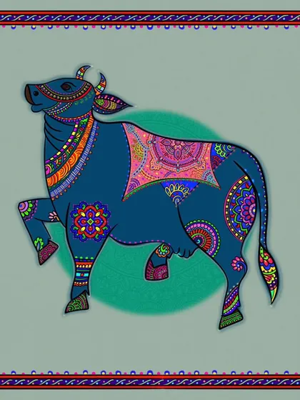 Here, the Kamdhenu cow is depicted in a deep blue, representing divinity and vastness. The colorful details of the Phulkari and mandala designs create a striking contrast against the dark, serene body.