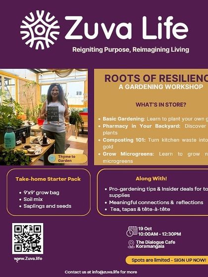 Get your hands in the soil with our "Roots of Resilience" gardening workshop. This flyer details a session on basic gardening, composting, and growing your own microgreens.