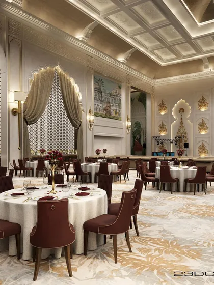 We designed this opulent banquet hall with an Indian Classical aesthetic. The space is divided into a foyer, main hall, and buffet area, with a color palette of elegant off-white and beige, accented with rich maroon to heighten the sense of royalty.