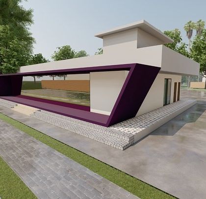 Another perspective of the modern clubhouse design. This view emphasizes how the building is situated within its environment, with a large water body in the foreground and ample green space, creating a resort-like feel.