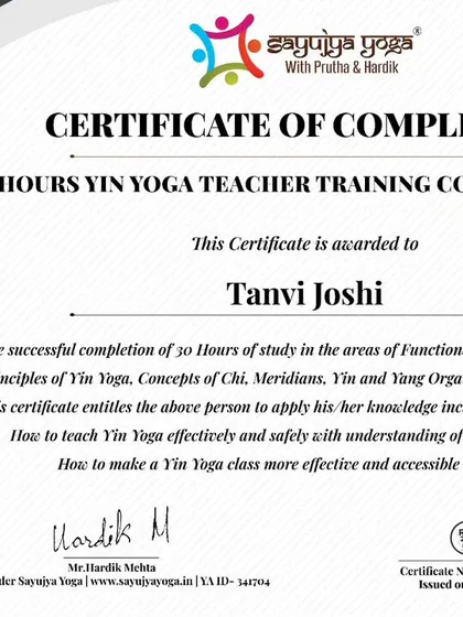 Certificate for a graduate of our 30-hour online Yin Yoga TTC.