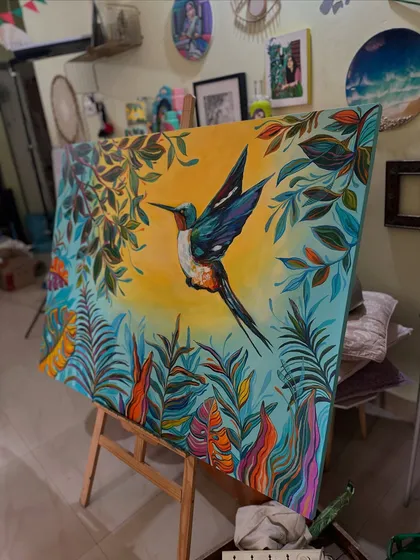 This large hummingbird canvas was one of my most challenging and rewarding projects. It was a special commission for a client's home, and it shows how my art can become the vibrant centerpiece of any room.
