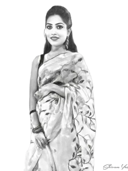 A portrait of a client in a beautiful printed saree. Capturing the floral or patterned designs on clothing adds another layer of realism to the sketch.