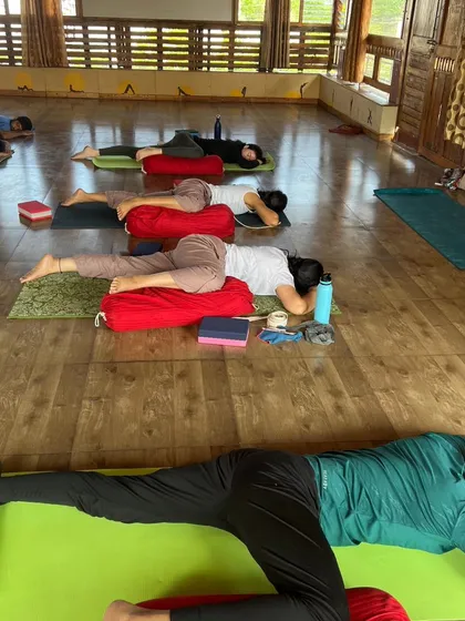 Students in a prone "half frog" pose, using bolsters to support their bodies and allow for a deep hip-opening stretch.