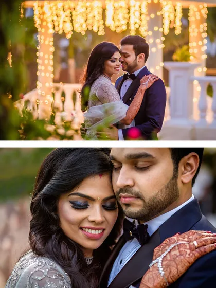 A diptych capturing both a wide and a close-up view of the couple's reception look. The top photo shows their romantic dance, while the bottom focuses on their serene, happy expressions.
