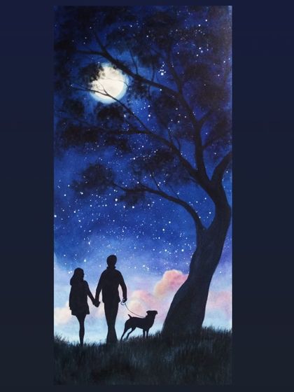 A romantic silhouette painting of a couple walking their dog under a starry night sky. This piece captures a quiet, magical moment and makes for a very personal and heartfelt gift.