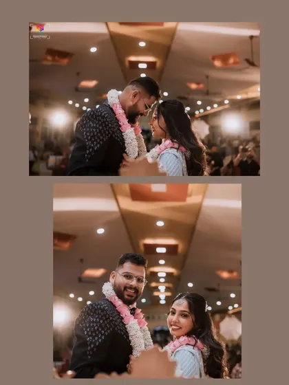 A collage of a couple exchanging garlands during their reception. Their joyful expressions show the fun and love shared during these moments.