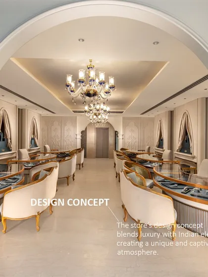 The design concept for this jewellery store blends European luxury with Indian heritage elements, such as the arched windows and intricate details. This creates a unique and captivating atmosphere that feels both global and local.