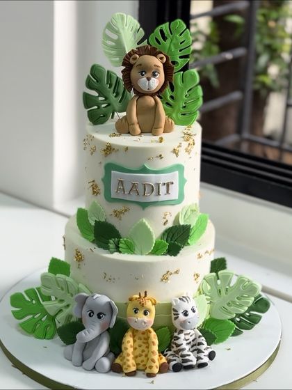 A little wild and a lot adorable! This two-tier jungle theme cake is perfect for a little one's special day, with hand-shaped animal figurines and soft green leaf textures.