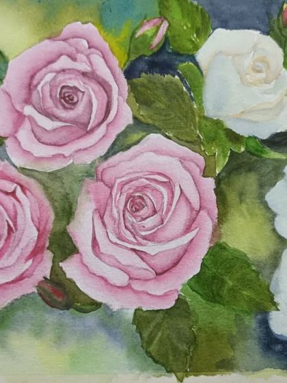 A watercolour composition of pink and white roses. This painting is an exercise in creating contrast and balance while painting delicate floral subjects.