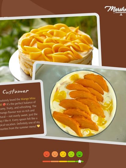 A customer favourite from the summer menu, the Mango Misu Tub. This collage shows the beautiful mango rose on top and a glowing review about its refreshing and natural flavour.