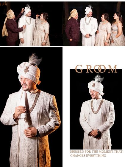 A collage dedicated to the groom, showing him getting ready and posing with his family. The portraits capture his happy smile and the pride of his family on the wedding day.