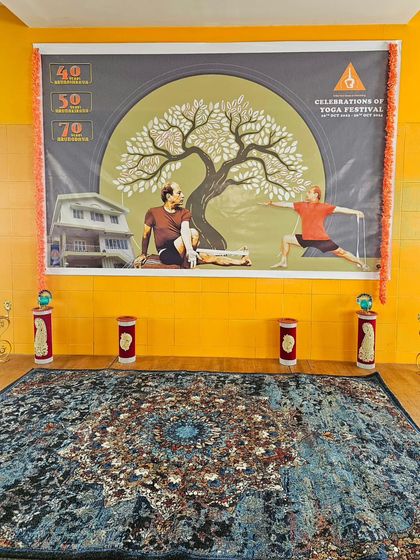 The stage is set for our celebration of Yoga Festival, marking milestones of my 40, 50, and 70 years journey in yoga.