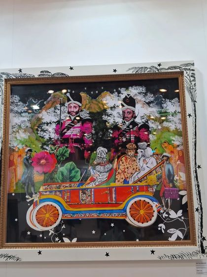 A colorful collage by Beygum Bano showing two figures in a vibrant, decorated car.